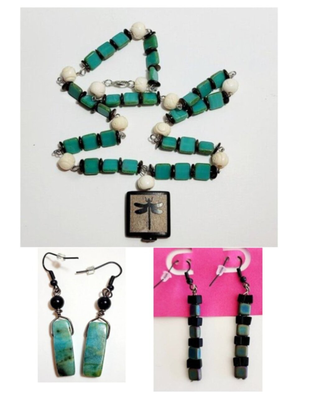 x3 Set ~ Vintage Costume Handmade Necklace Dragonfly Earrings Green x2 Earrings